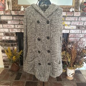 Effeci Cream Black Cardigan Hooded Double Breasted Button Closure Knit Sweater